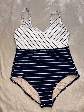 Kona Sol Navy & White Striped One-Piece Swim Suit